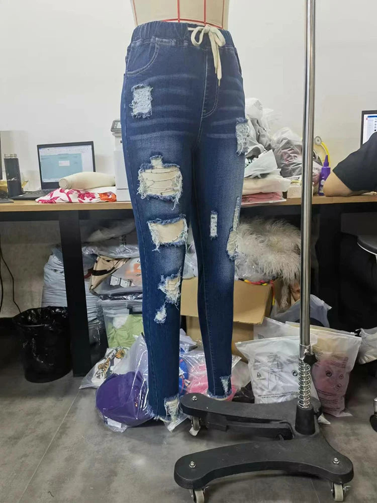 LW Women's Ripped Jeans 2024 Autumn Skinny Denim Pant Woman Fashion Drawstring Stretch Boyfriend Destroyed Pencil Jeans Female