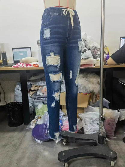 LW Women's Ripped Jeans 2024 Autumn Skinny Denim Pant Woman Fashion Drawstring Stretch Boyfriend Destroyed Pencil Jeans Female