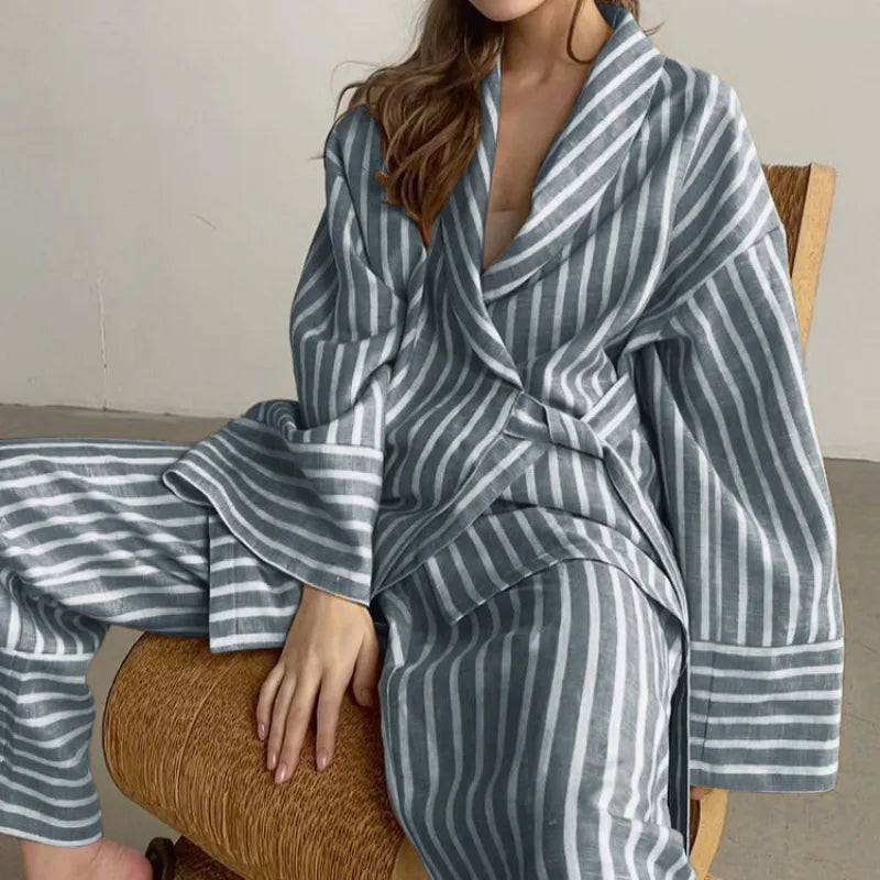 Women's Dress Sets Autumn New Striped Long-sleeved Loose Lace-up Top High-waisted Trousers Fashion Casual Suit for Women