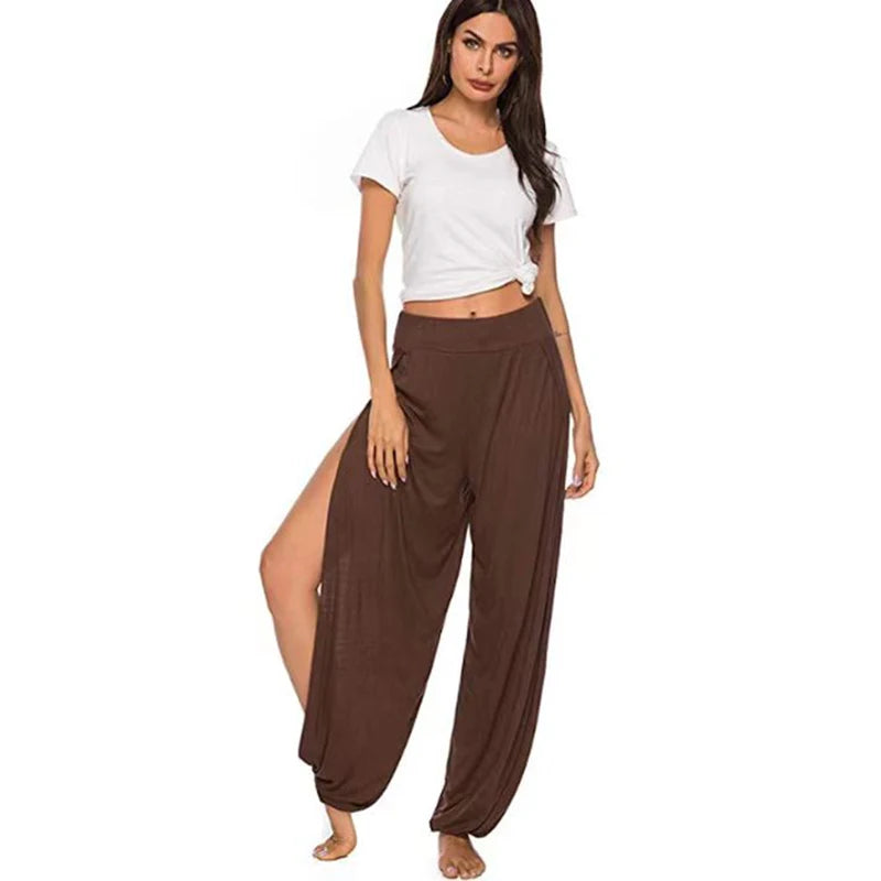 Women Fashion Yoga Pants High Waisted Slit Wide Leg Haren Pants Gym Leggings Casual Solid Hollow Workout Trousers Gym Home Wear
