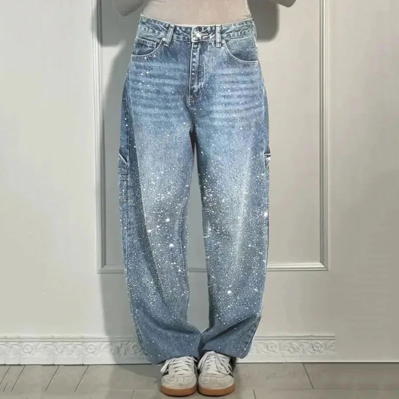 New Women Casual Hot Drilling Jeans Autumn Winter Cowboy Trousers High Waist Button Pockets Fashion Female Loose Straight Pants