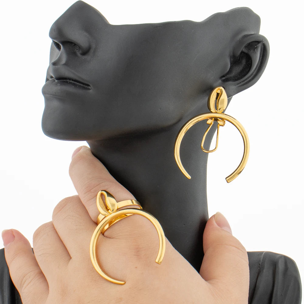 Earrings Jewelry Set for Women African 18k Gold Color Earrings with Ring Unusual Design Ear Accessories Girls Lover Daily Gifts