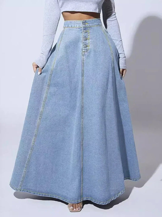 Denim Skirts Women Long Skirt A Line Single Breasted High Waist Jeans Vintage Maxi Simple Casual Elegant Splice Y2k Streetwear