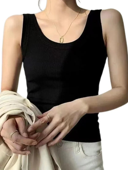 Women Square Collar Wide Straps Fitness Sexy Knitted Tank Top Camisole Solid Color Breathable Cool Vest Summer Trend Tops Female