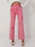 Women's Pink Jeans Star Print Flared High Waist Denim Trousers Stylish and Comfortable Outfit Option