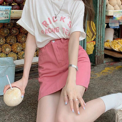 JMPRS Sweet Pink Women Denim Skirts High Waist Student A Line Korean Solid Mini Skirt Causal Summer Vintage Ladies Jeans Skirt