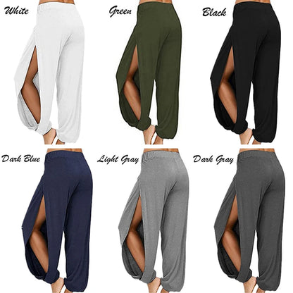 Women Sports Yoga Pants Summer High Slit Haren Pants Solid Loose Hippie Harem Wide Leg Pants Trousers