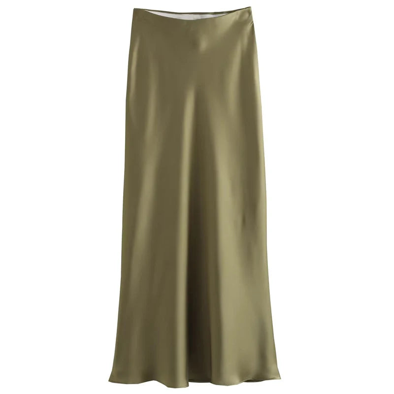 TRAF Women's Skirt Summer Elegant Satin Skirt Stylish Lady High Waist Skirts Cylinder Green Black Skirt Woman Office Street Wear