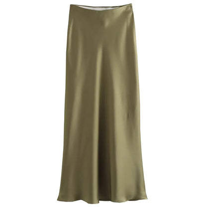 TRAF Women's Skirt Summer Elegant Satin Skirt Stylish Lady High Waist Skirts Cylinder Green Black Skirt Woman Office Street Wear