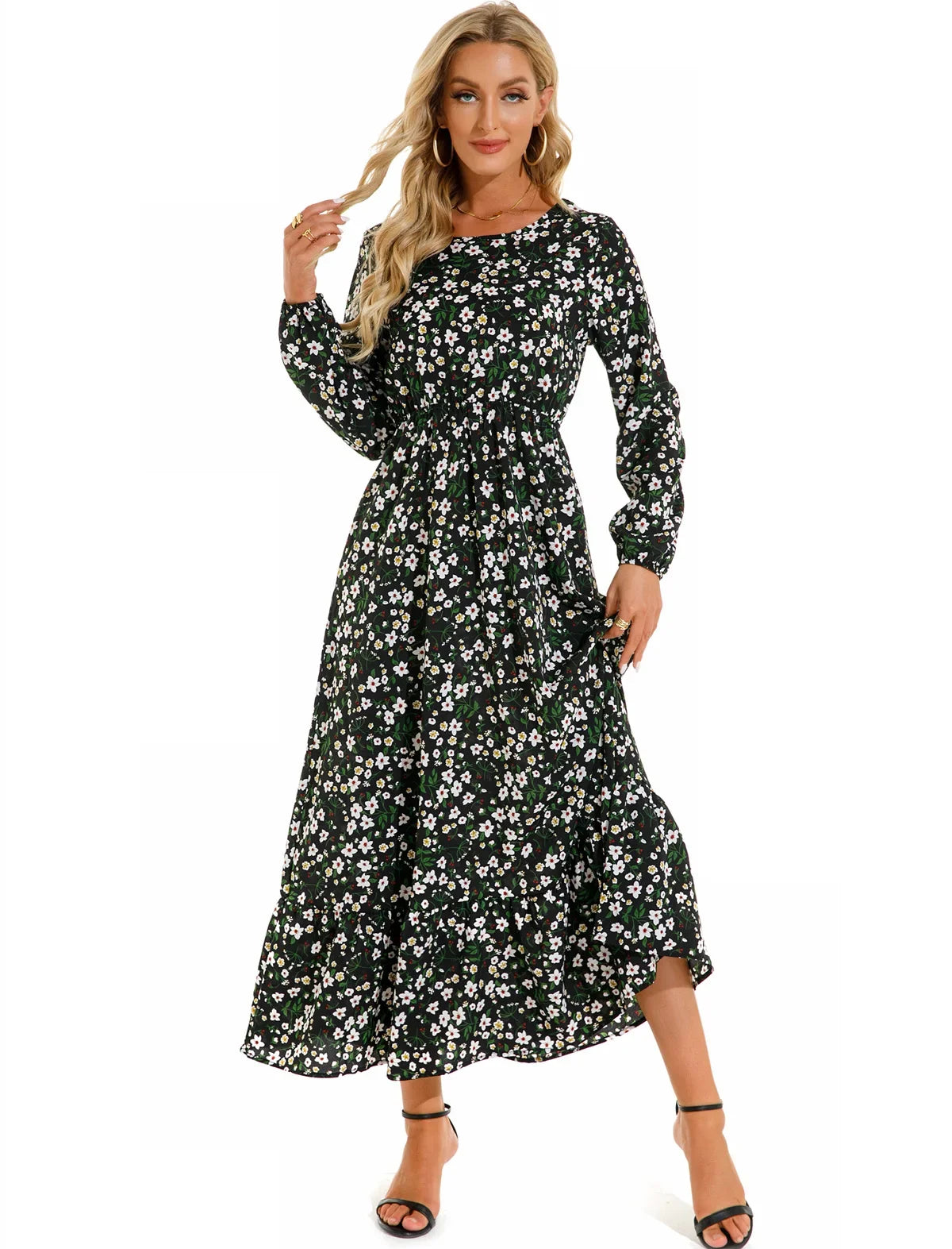 Women Eid Muslim Dresses Tight Waist O Neck Ruffles Spliced Casual Vestidos Flowers Dress Dubai Kaftan Islam Morocco Arab