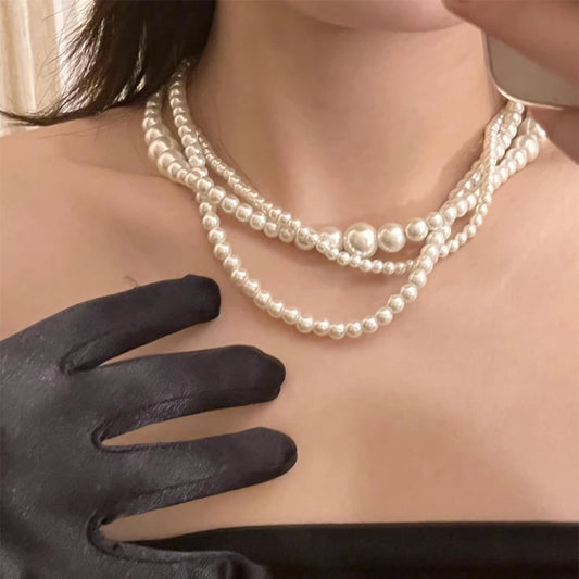 New Trendy Vintage Pearl Multi Layered Pearl Bead Necklace for Women Sweet Elegant Party Jewelry Wedding Gifts