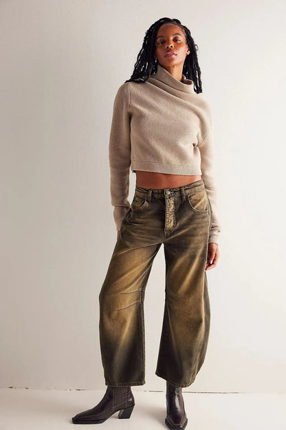 Cotton Denim Long Jeans For Women Trousers Casual  High Waisted Jeans Cropped Pants For Spring Summer Boho Beach Baggy Jeans