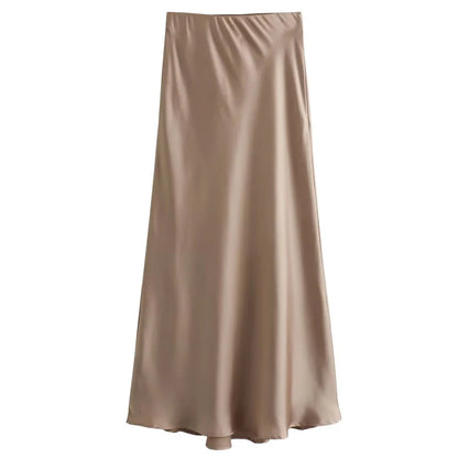 TRAF Women's Skirt Summer Elegant Satin Skirt Stylish Lady High Waist Skirts Cylinder Green Black Skirt Woman Office Street Wear