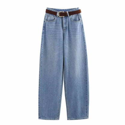 Women's new chic fashion With belt loose side pockets casual versatile jeans retro high waisted zipper women's denim pants