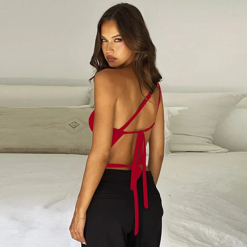 Women's Sexy Off Shoulder Crop Tops Women Summer Sleeveless Backless Lace-Up T-Shirts Woman 2025 New Hot Sale Irregular Slim Tee