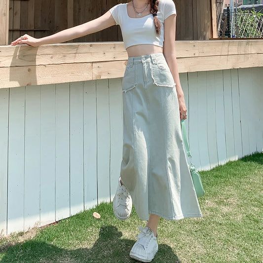 Apricot Denim Skirt Summer Women's 2024 New High Waist Slim Fashion Design Pocket Hip A-line Ankle-length Jean Skirt