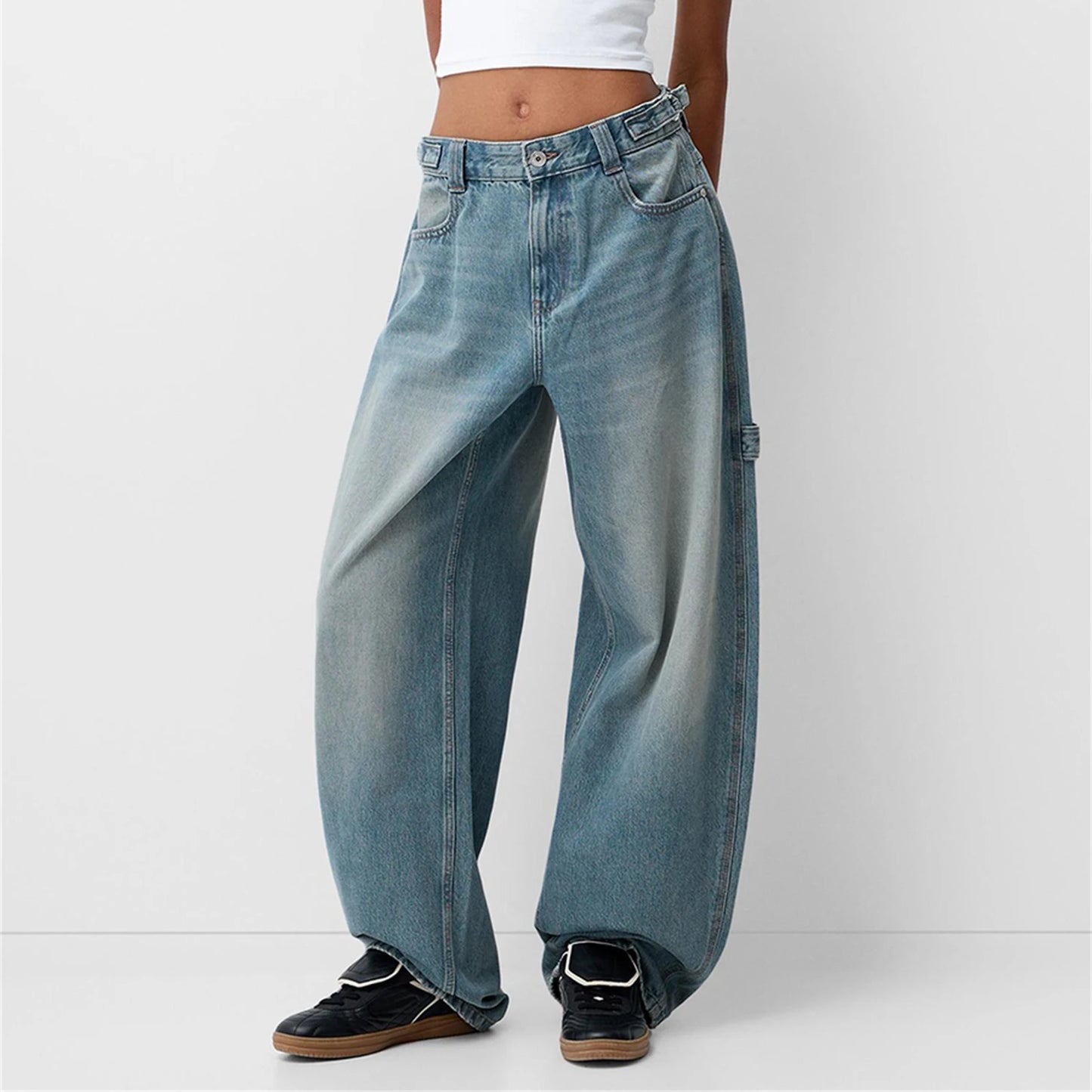 Women Wide Leg Denim Pants Casual Loose Vintage Distressed Jeans Trousers for Work Office Streetwear