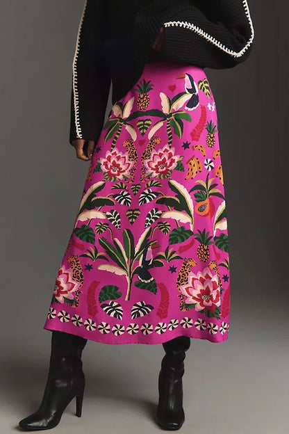 Women Skirts 2024 Spring Summer Vintage Streetwear Ladies Casual Floral Printed Long Skirts Elastic Waist Female Midi Skirts