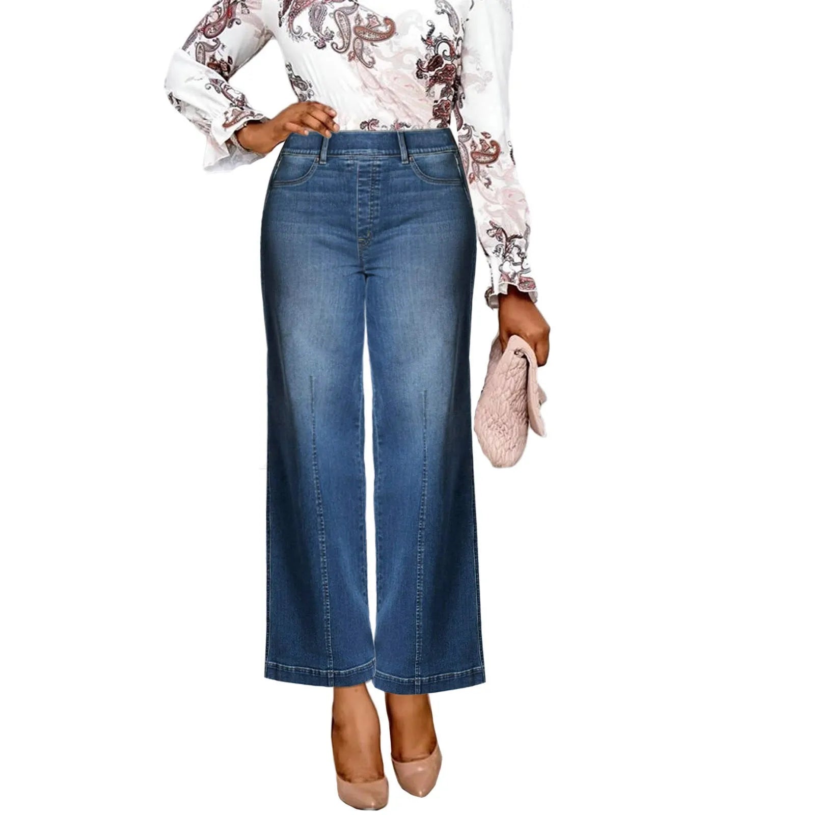 New Wide Leg Jeans For Women Seamed Front Wide Leg Jeans Solid Color Casual Fashion Straight Elastic Waist Trousers For Women