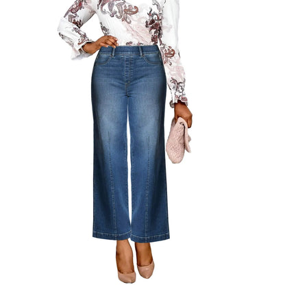New Wide Leg Jeans For Women Seamed Front Wide Leg Jeans Solid Color Casual Fashion Straight Elastic Waist Trousers For Women