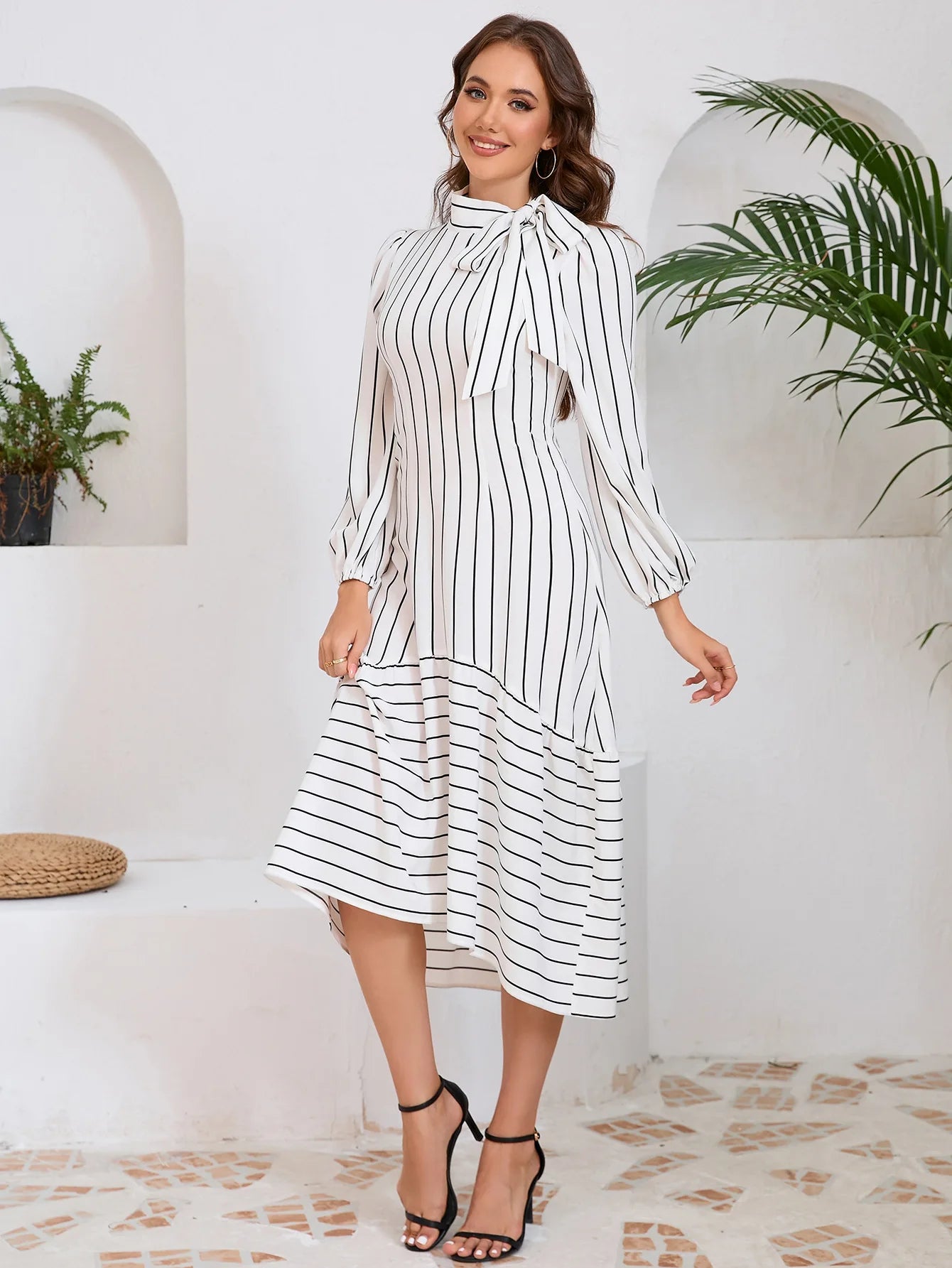 Women's Dresses Formal Fashion Office Lady Professional High-end Stand-up Collar Thin Striped Party Dress Vestidos De Mujer