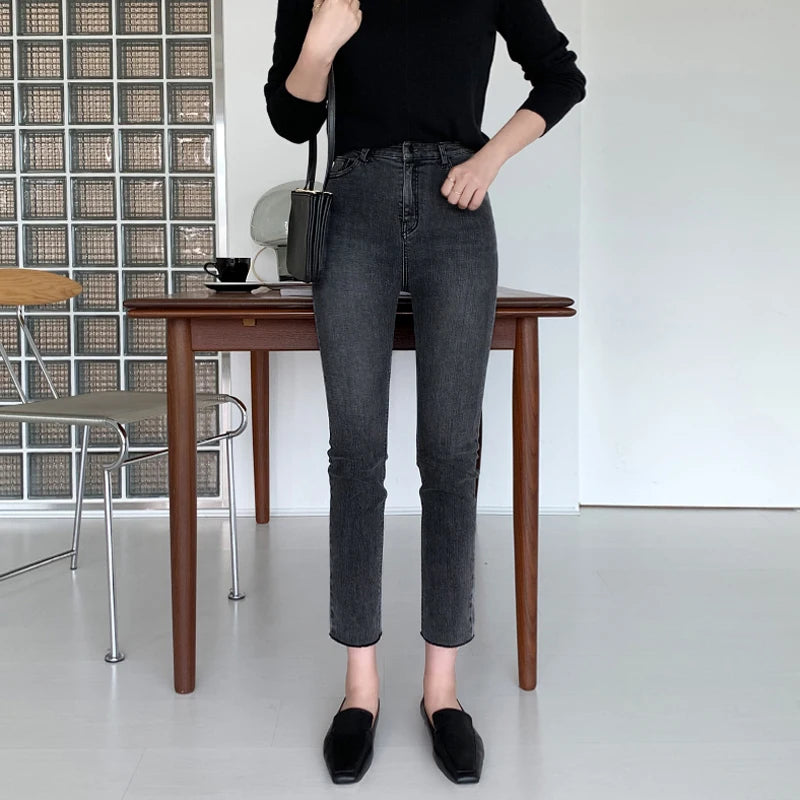 Light Blue Jeans Women Straight Leg Elastic Chic Boyfriend Pants Denim Streetwear Women Ladies Cargo Pants New Fashion 2023