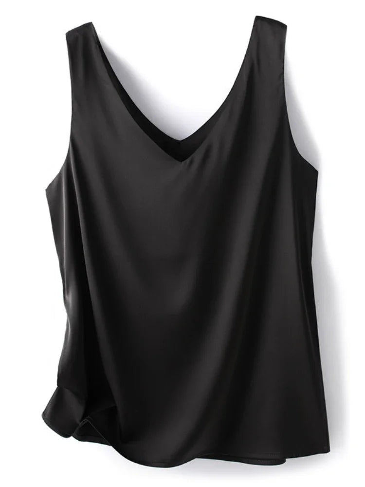 Woman T-shirts Elegant SILK Satin Blouse Sleeveless Female Summer 2023 Casual Loose Tanks and Camis Solid Green Tops for Women