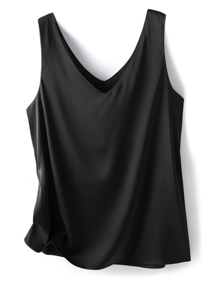 Woman T-shirts Elegant SILK Satin Blouse Sleeveless Female Summer 2023 Casual Loose Tanks and Camis Solid Green Tops for Women