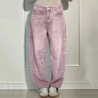 New Women Casual Hot Drilling Jeans Autumn Winter Cowboy Trousers High Waist Button Pockets Fashion Female Loose Straight Pants