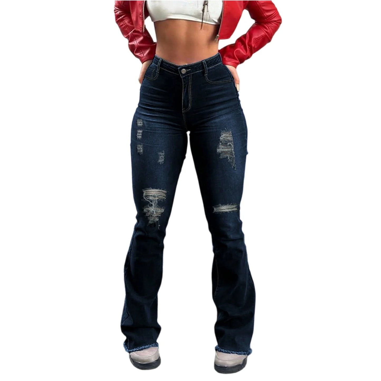 2025 New Spring Women's Ripped Jeans Cotton Slim High Waist Solid Color Sexy Denim Pants Fashion Street Flared Pants