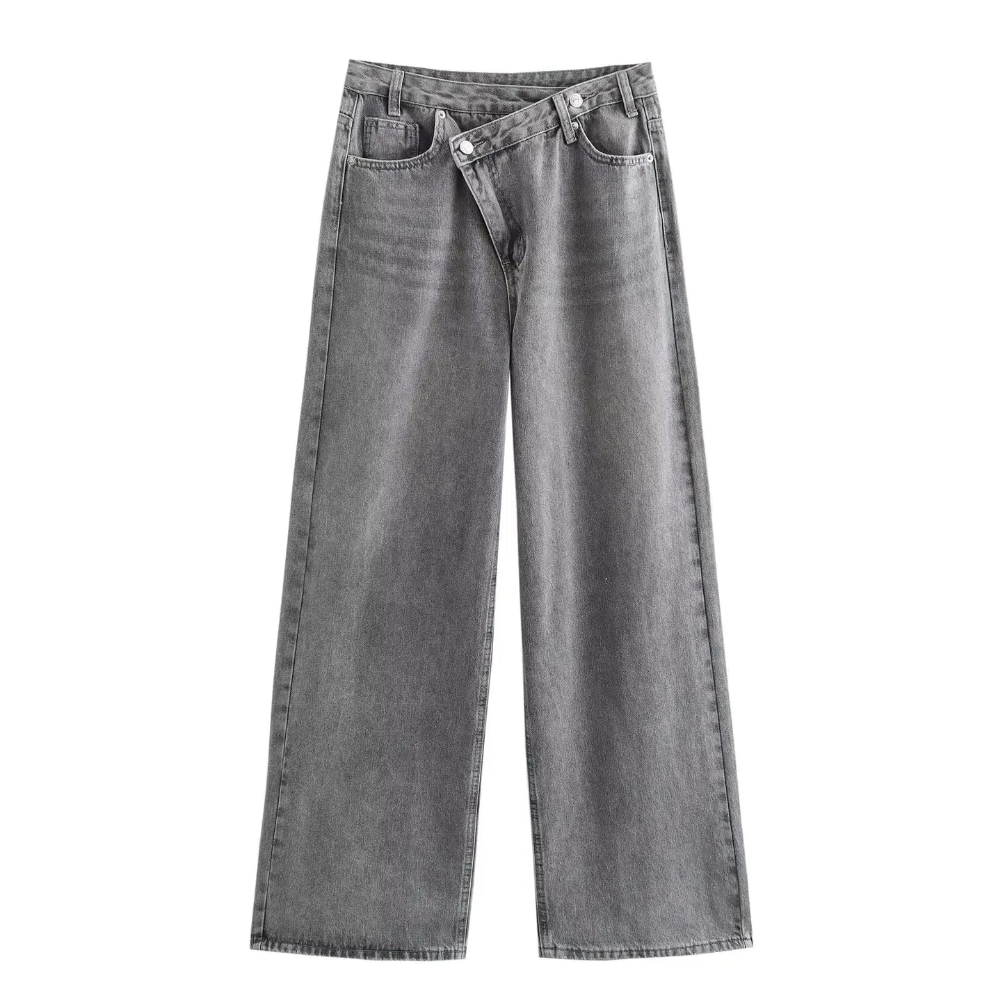 Women's new chic fashion asymmetrical waist design loose high waist wide leg jeans retro side pocket zipper women's denim pants