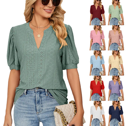 Womens Tops V Neck Ruffle Sleeve Blouses Short Sleeve Casual Tops T-Shirts for Women Autumn Winter