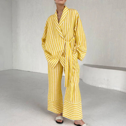 Women's Dress Sets Autumn New Striped Long-sleeved Loose Lace-up Top High-waisted Trousers Fashion Casual Suit for Women