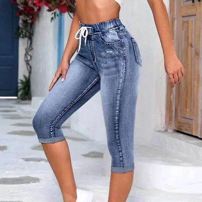 Cross-border New Foreign Trade Women Jeans Elastic Waist Drawstring High Waist Ripped Jeans High Elastic Denim Hot Pants