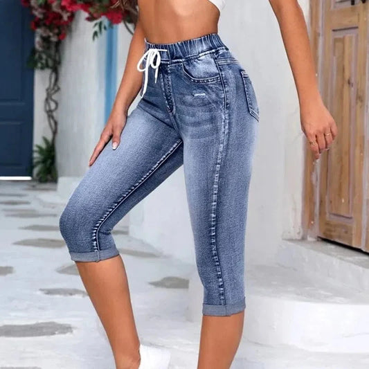 Cross-border New Foreign Trade Women Jeans Elastic Waist Drawstring High Waist Ripped Jeans High Elastic Denim Hot Pants