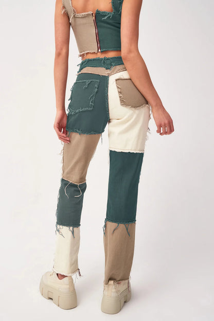 2025 Hot Sale Mixed Color Patchwork Jeans For Women Fashion High Stretch Denim Straight Pants Street Hipster Trousers XS-2XL