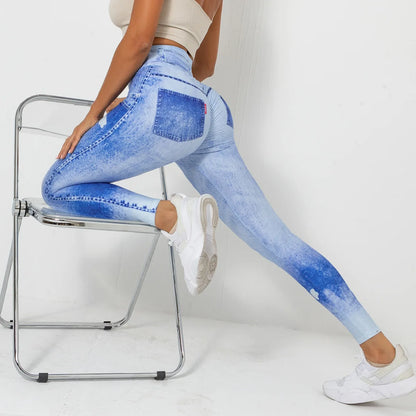 Push Up Yoga Pants Women Fitness Leggings Imitation Jeans Patchwrok Scrunch Tights High Waist Leggings Gym Workout Sport Leggins