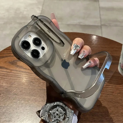 2IN1 Folding Stand Wave Clear Phone Case For iPhone 16 15 11 12 13 14 Pro Max X XR Fashion 3D Curly Shockproof Protective Cover