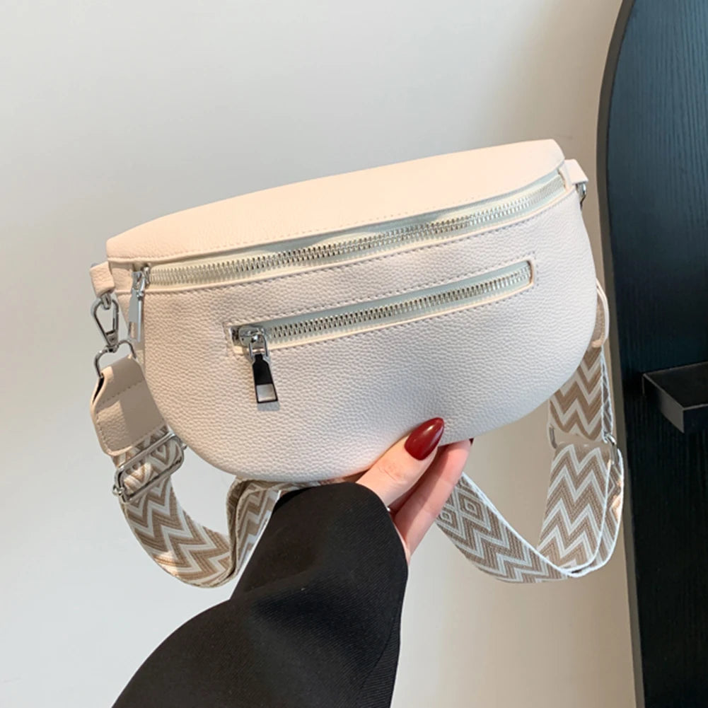 Women's Waist Bag Multi-pocket Street Fanny Pack PU Leather Chest Bag Fashion Wide Strap Crossbody Bag Retro Solid Shoulder Bags