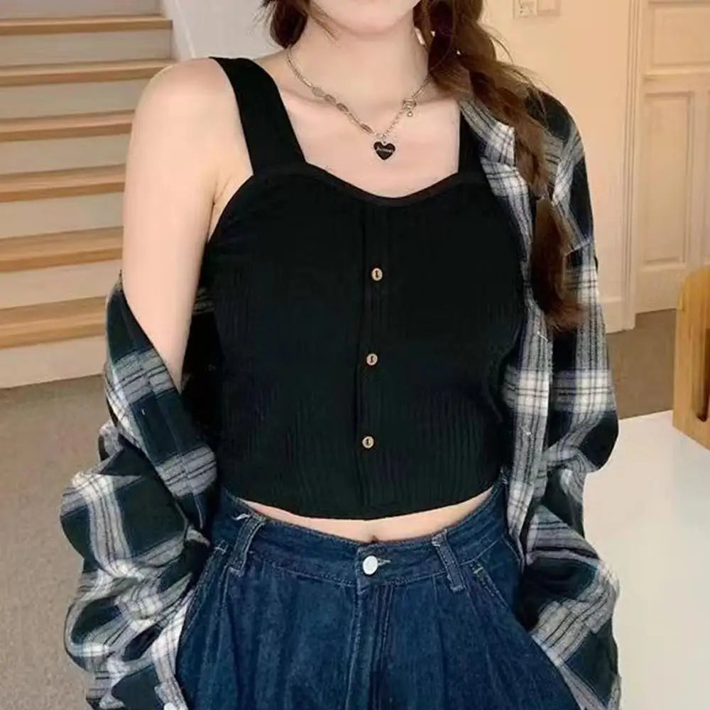 Woman's Top With Built In Bra Button Padded Bra Lady's Top Strap Vest Tank Top Summer Girls Cute Women Casual Female Camisole