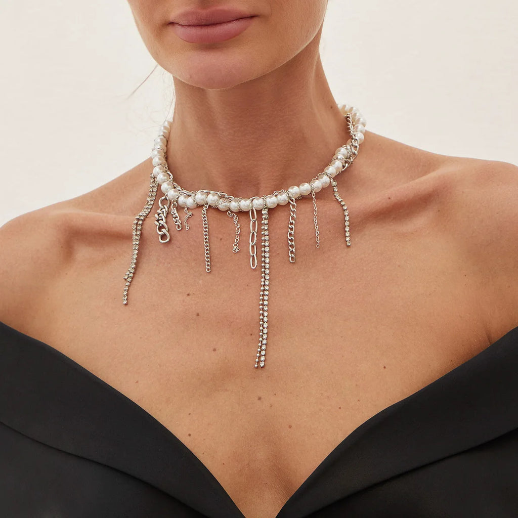 Necklaces for Women Heart-shaped Cross Imitation Pearl Tassel Long Necklace Colliers Femmes Girl Stuff