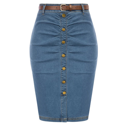 BP Women Vintage Jean Skirt With Belt High Waist Ruched Front Bodycon Skirt