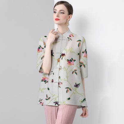 Pleated Tops for Women Summer Printed Shirts Loose Mom Wear Commuter Printed Short Sleeves Women Clothes