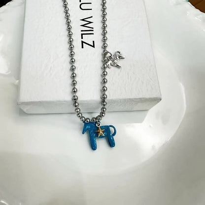 LATS White Black Green Blue Pink Color Enamel Colt Horse Pendant Necklaces for Women Silver Plated Alloy Beads Chain Chokers