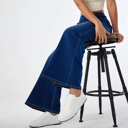 2025 Women Jeans With Pockets Elastic High Waist Solid Color Full Length Pants Straight Wide Leg Pants Baggy Denim Trousers