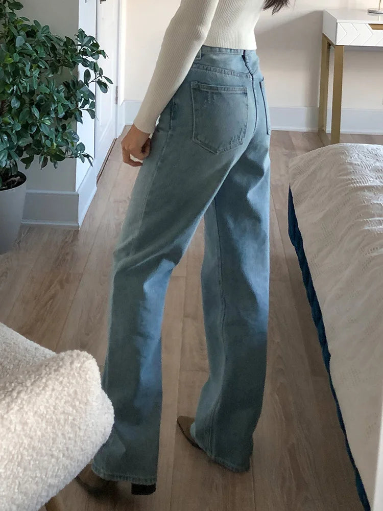 Blue Jeans Women High Waist 2025 Loose Casual Boyfriend Long Jeans For Work Ladies Simple Straight Leg Denim Pants For Women