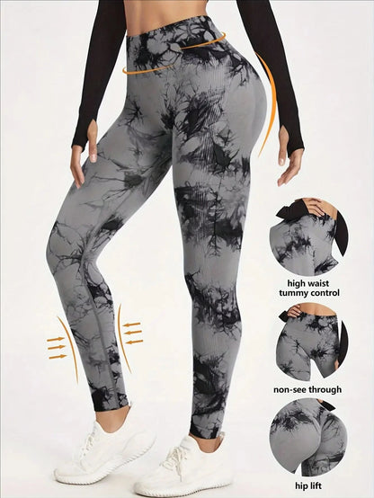 Womens Yoga Pants Gym Leggings Seamless Tie Dye High Waisted Elastic Leggings Peach Buttocks Running Fitness Sports Casual Pants