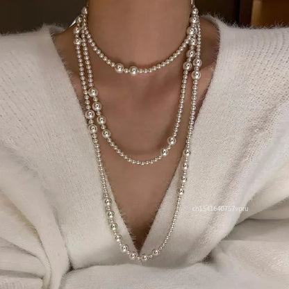 Luxury Necklace Multi-layered Pearl Necklace for Women Fashionable Long Chain Dress Accessory