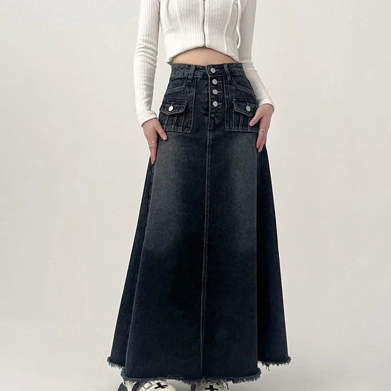 Vintage Denim Long Skirt for Women 2023 Spring Summer High Waist Button Raw Edge A-Line Skirt Female Harajuku Street Jean Skirts