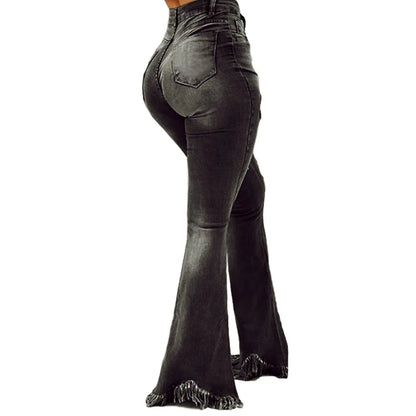 Jeans Women Long Pants Flare Pant Slim Fit Bodycon Y2k Streetwear Casual Elegant Splice Denim Trousers Solid Hole High Waist